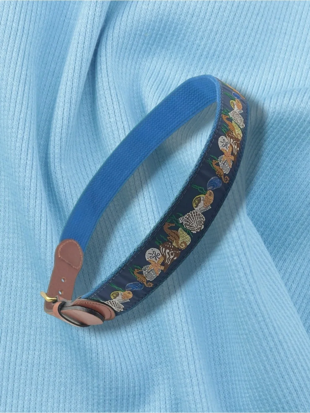 Leather & Seashell - Blue -  Embroidered Belt - Handmade in Essex, CT Size 28